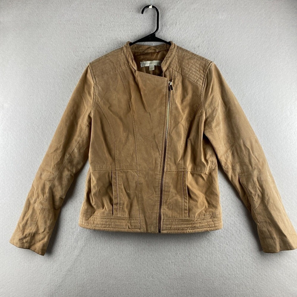 New York & Company Leather Jacket Womens M Medium Beige Motorcycle Jacket Zip